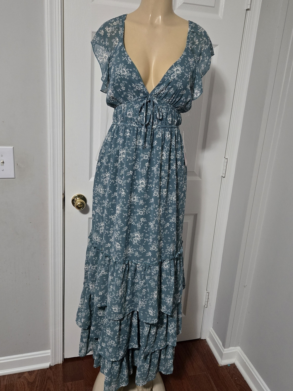 Emerald Sundae Teal Floral Maxi Dress with Tie Front